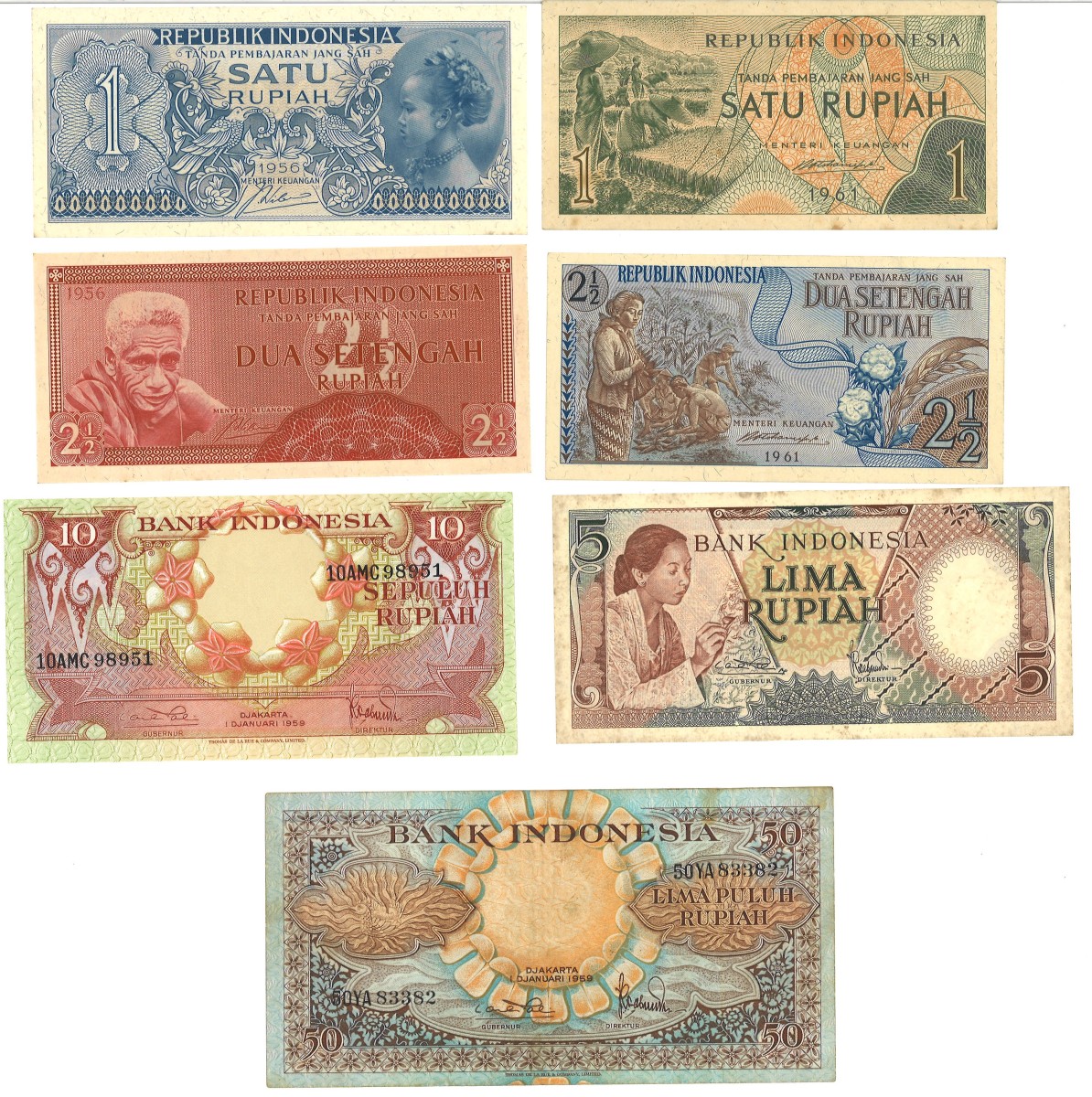 Indonesia. Lot 7 Banknotes. Banknote. Type 1954/1961. - Very fine – UNC.