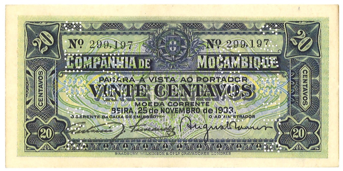 Mozambique. 20 Centavos. Banknote. Type 1938. - UNC.