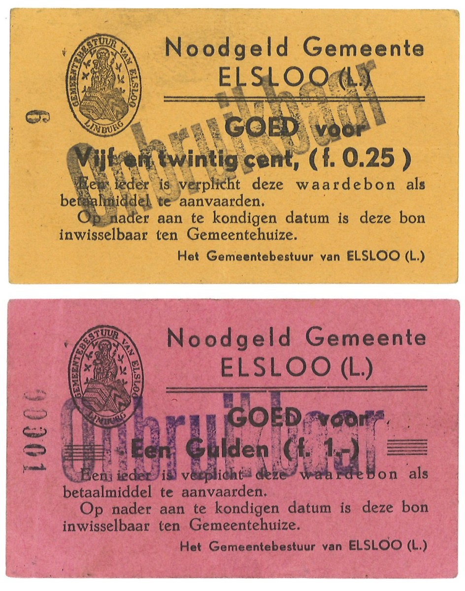 Nederland. Lot 2 biljetten. noodgeld. Type 1940. Type Gemeente Elsloo. - Prachtig.