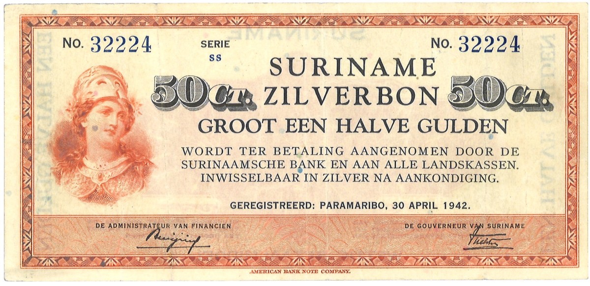 Suriname. 50 cent. Banknote. Type 1942. - Very fine.