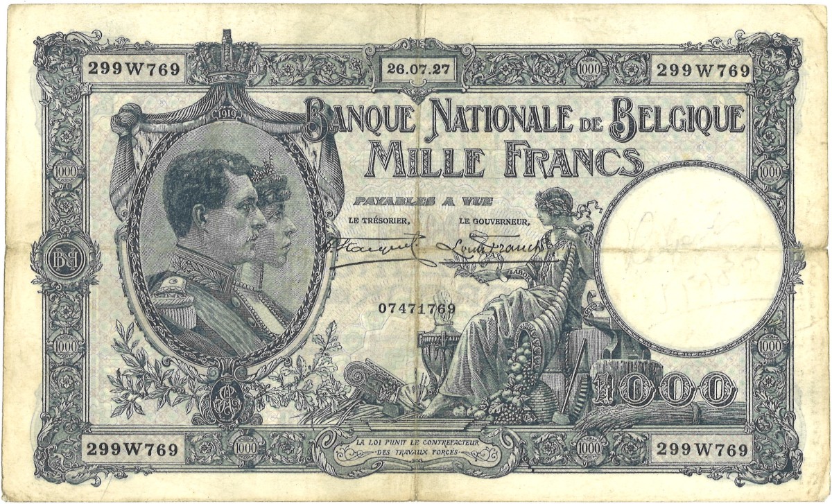 Belgium. 1000 Francs. Bankbiljet. Type 1927. - Very fine.