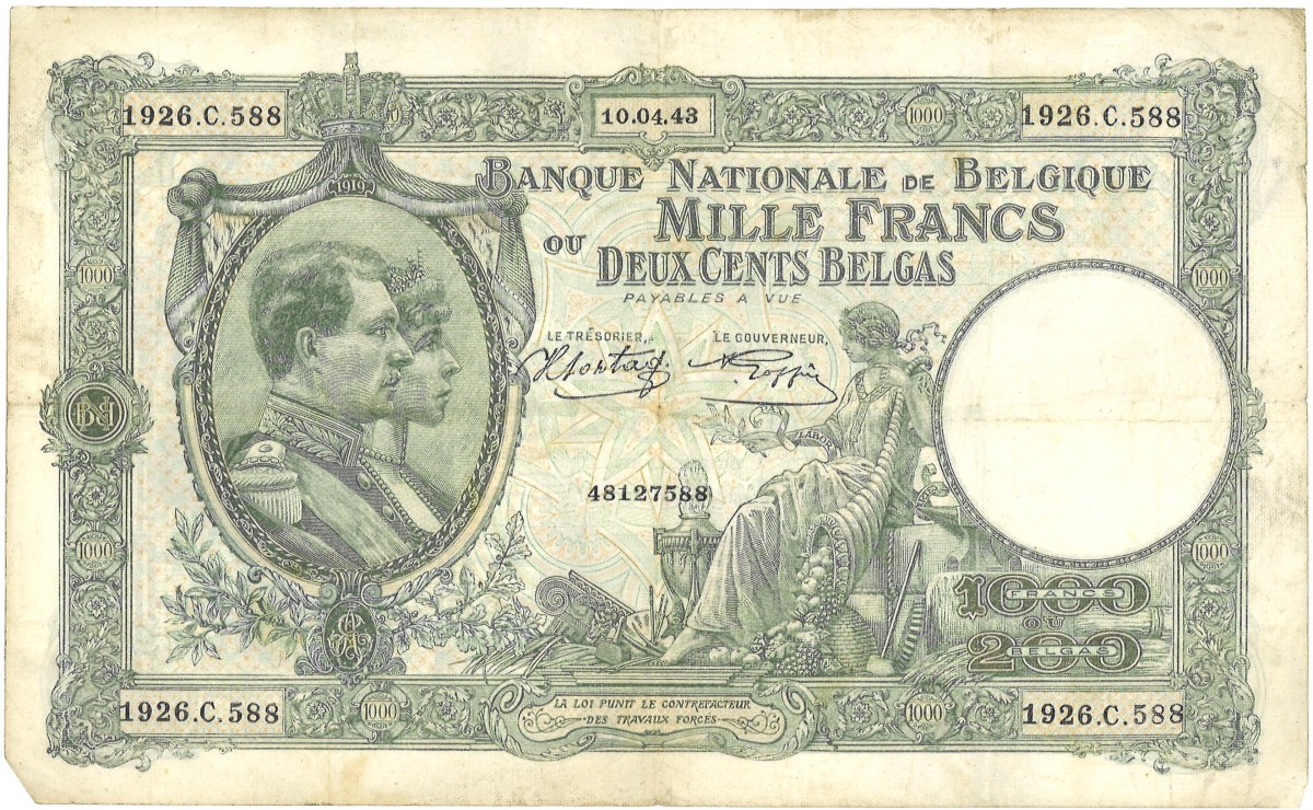 Belgium. 1000 Francs. Bankbiljet. Type 1943. - Very fine.