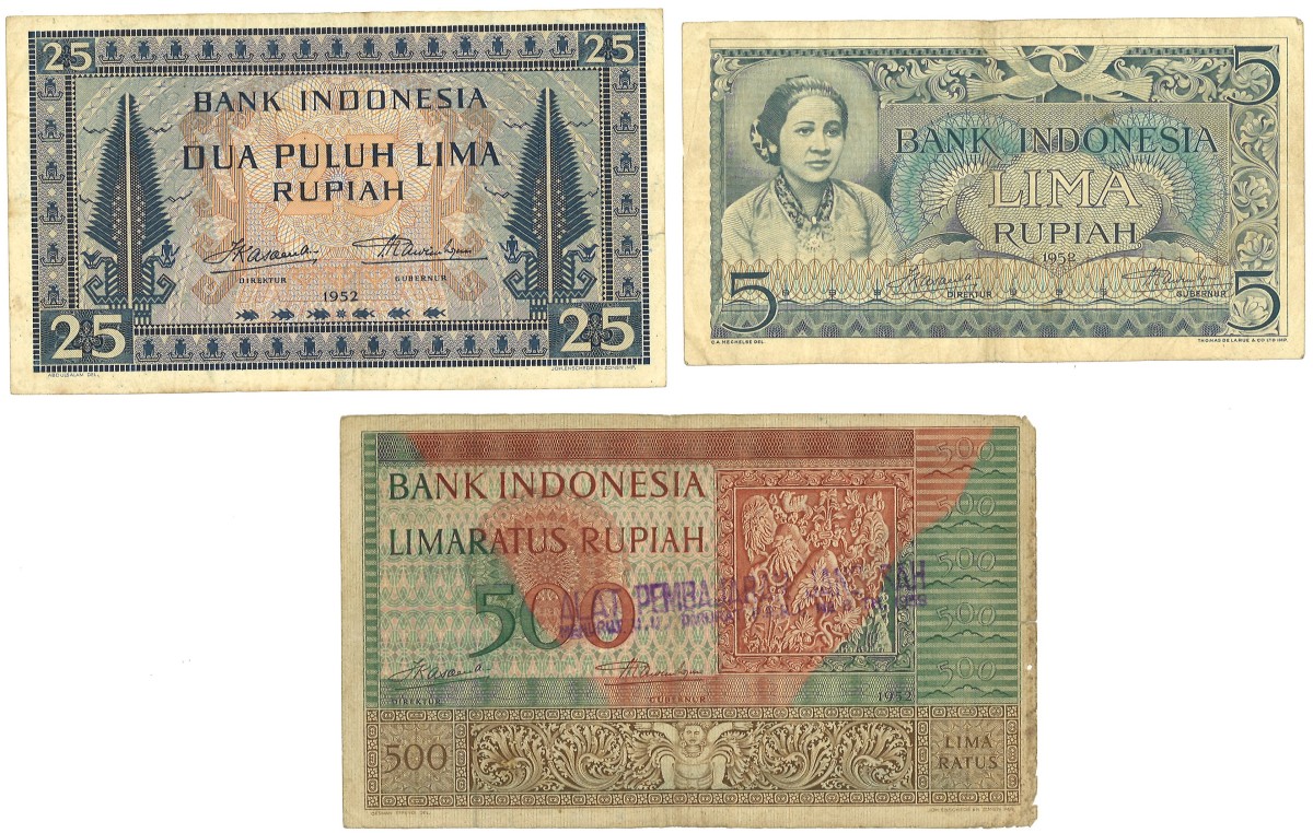 Indonesia. Lot 3 Banknotes. Banknotes. Type 1952. - Very fine / Extremely fine.