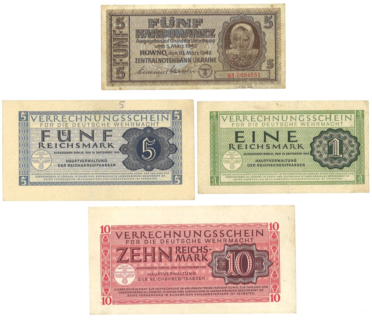 Germany + Ukraine. Lot 4 Banknotes. Banknotes. Type 1942/1944. Type Reichsmark für die Deutche Wehrmacht + Ukraine banknote. - Very good – Extremely fine.