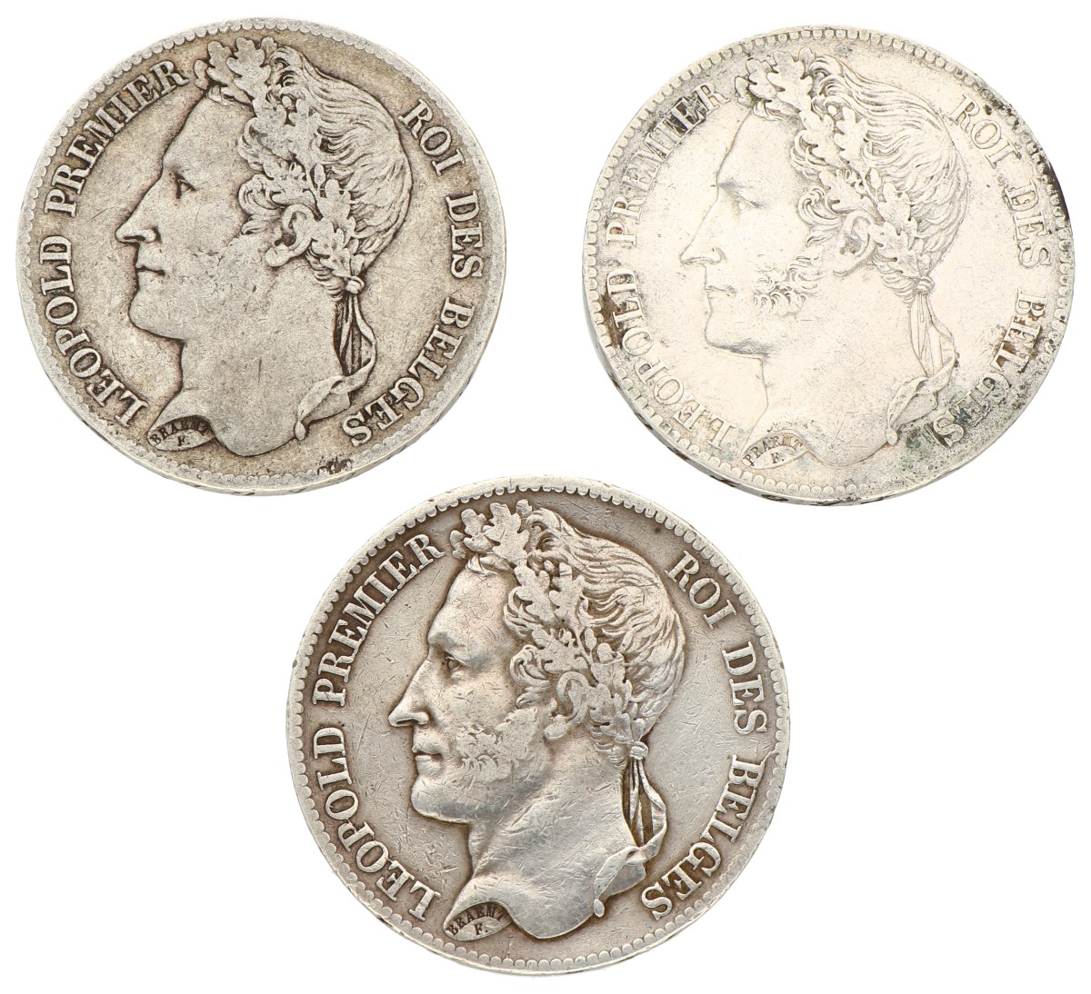 Goudwisselkantoor auction: Belgium. Leopold I. Lot (3) 5 Francs. 1832 - 1834. VF - XF.