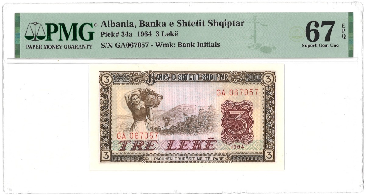 Albania. 3 Lekë. Banknote. Type 1964. - PMG 67EPQ