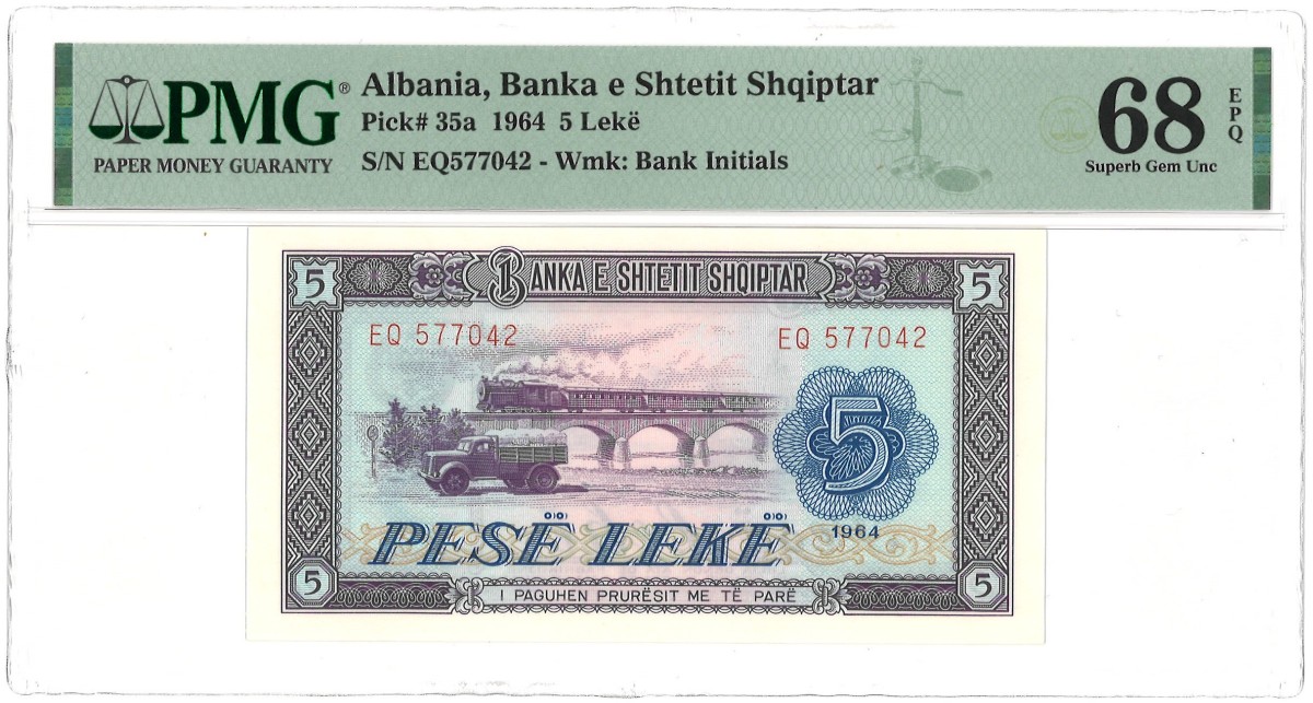 Albania. 5 Lekë. Banknote. Type 1964. Type Top pop. - PMG 68EPQ