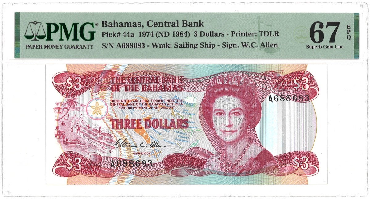 Bahamas. 3 Dollar. Banknote. Type 1974. - PMG 67EPQ