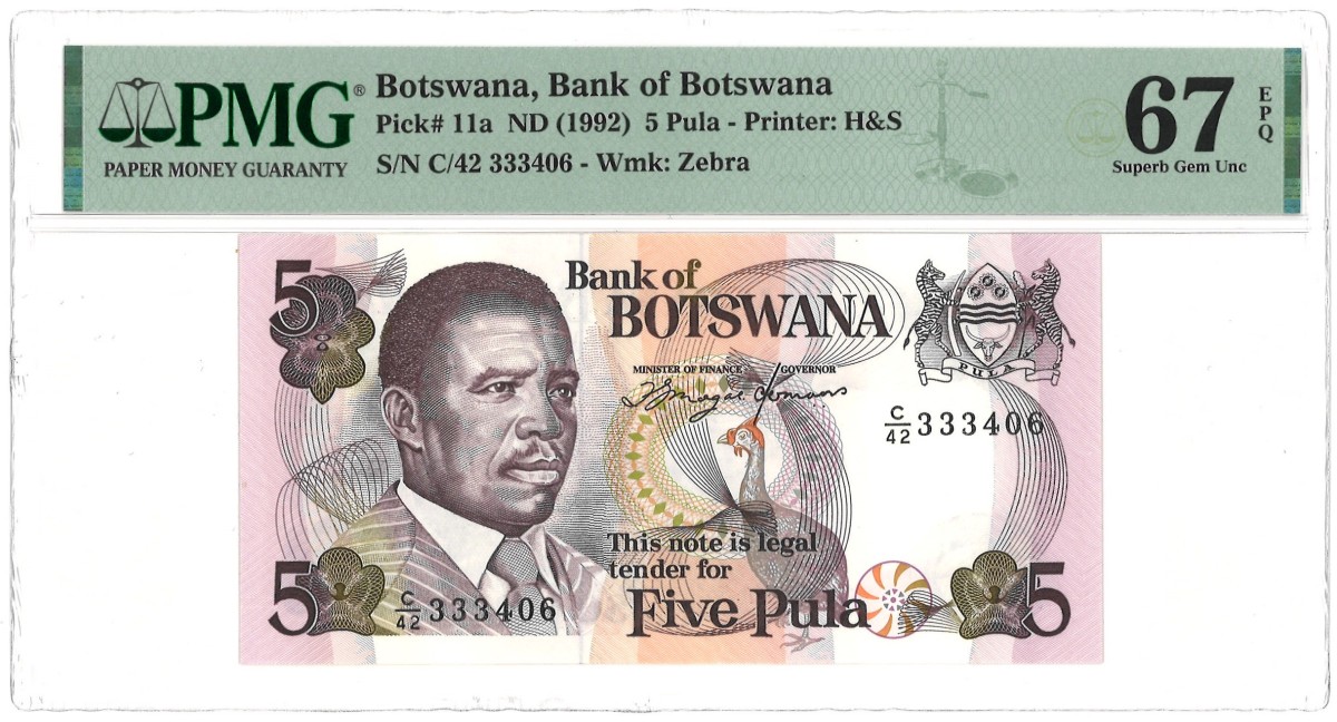 Botswana. 5 Pula. Banknote. Type 1992. - PMG 67EPQ