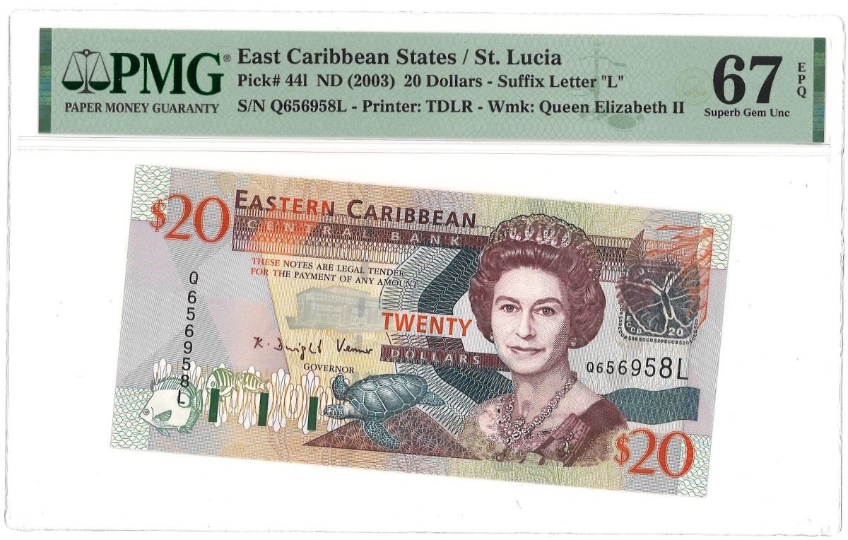 East Caribbean States / St. Lucia. 20 Dollar. Banknote. Type ND. Type Top pop. - PMG 67EPQ