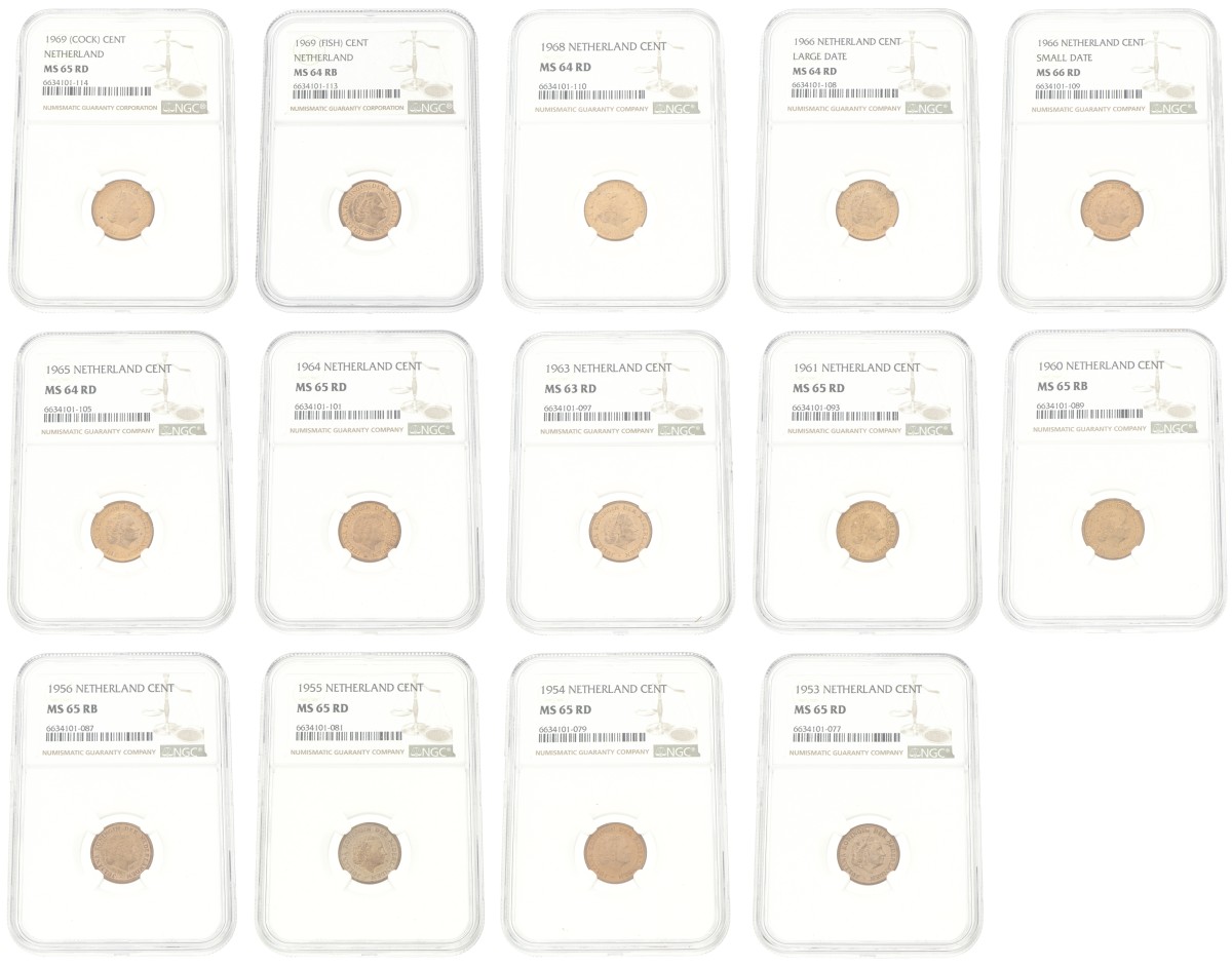 Lot (14) 1 Cent - High graded. Juliana.