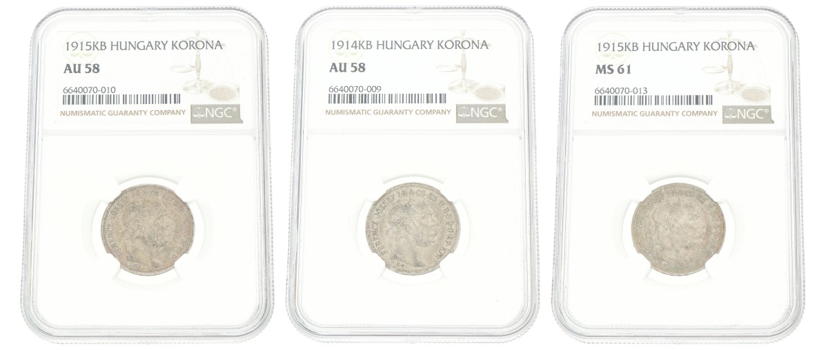 Hungary. Austria-Hungary. Franz Joseph I. Lot (3) Korona. 1914 KB & 15 KB. AU 58 & MS 61.