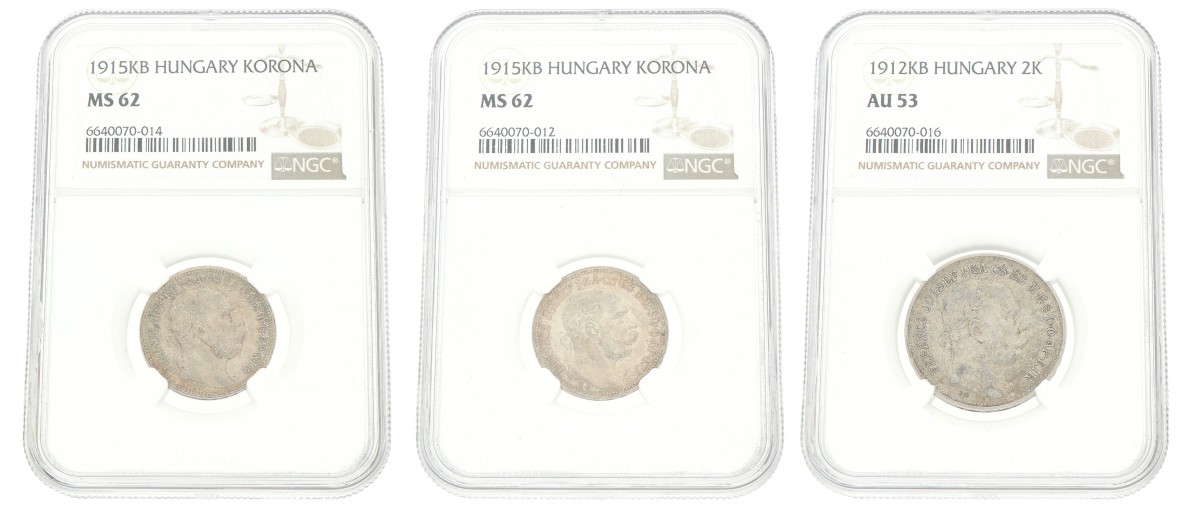 Austria. Franz Joseph I. Lot (3) Korona. 1912 & 1915 KB. MS 62 & AU 53.