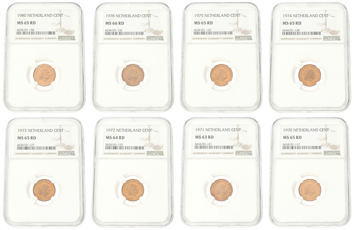 Lot (8) 1 Cent - High graded. Juliana. 1970 - 1975, 1978 & 1980.