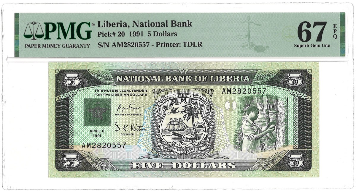 Liberia. 5 Dollars. Liberia. Type 1991. - PMG 67EPQ