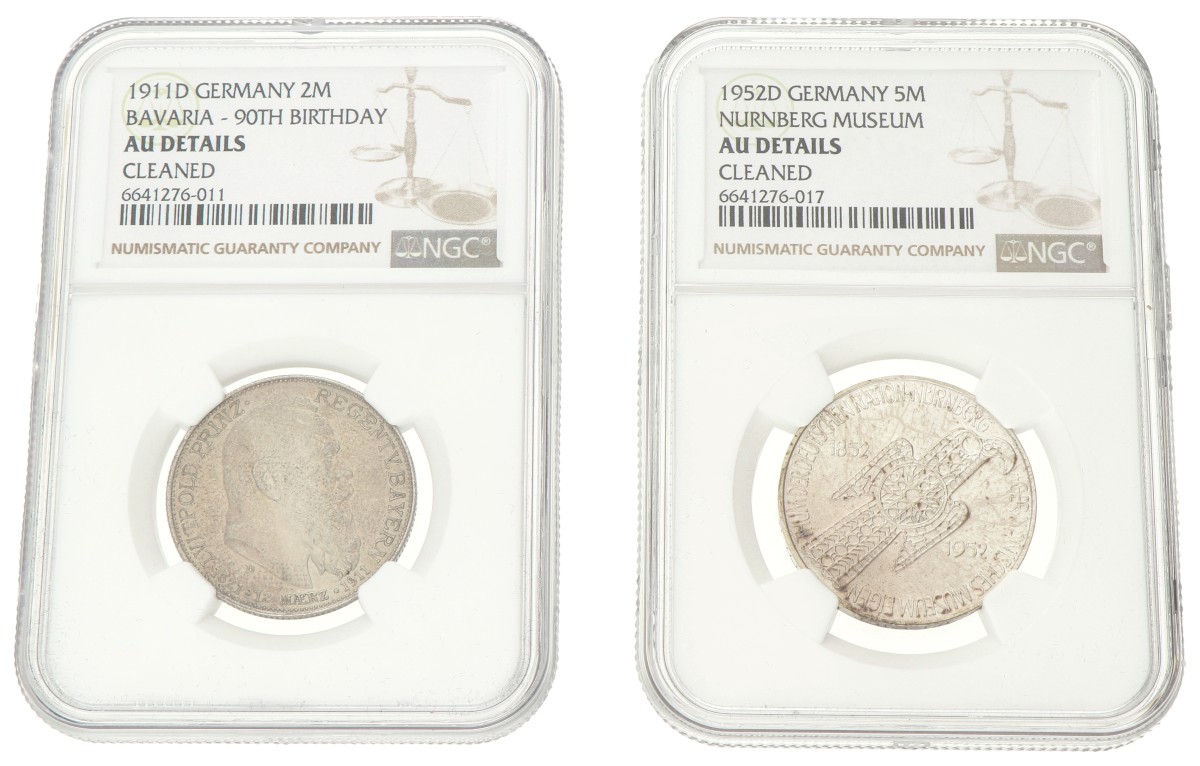 Germany. Bavaria & BRD. Lot (2) 2 Mark & 5 Mark - Germanic museum. 1911 D & 1952 D. AU details.