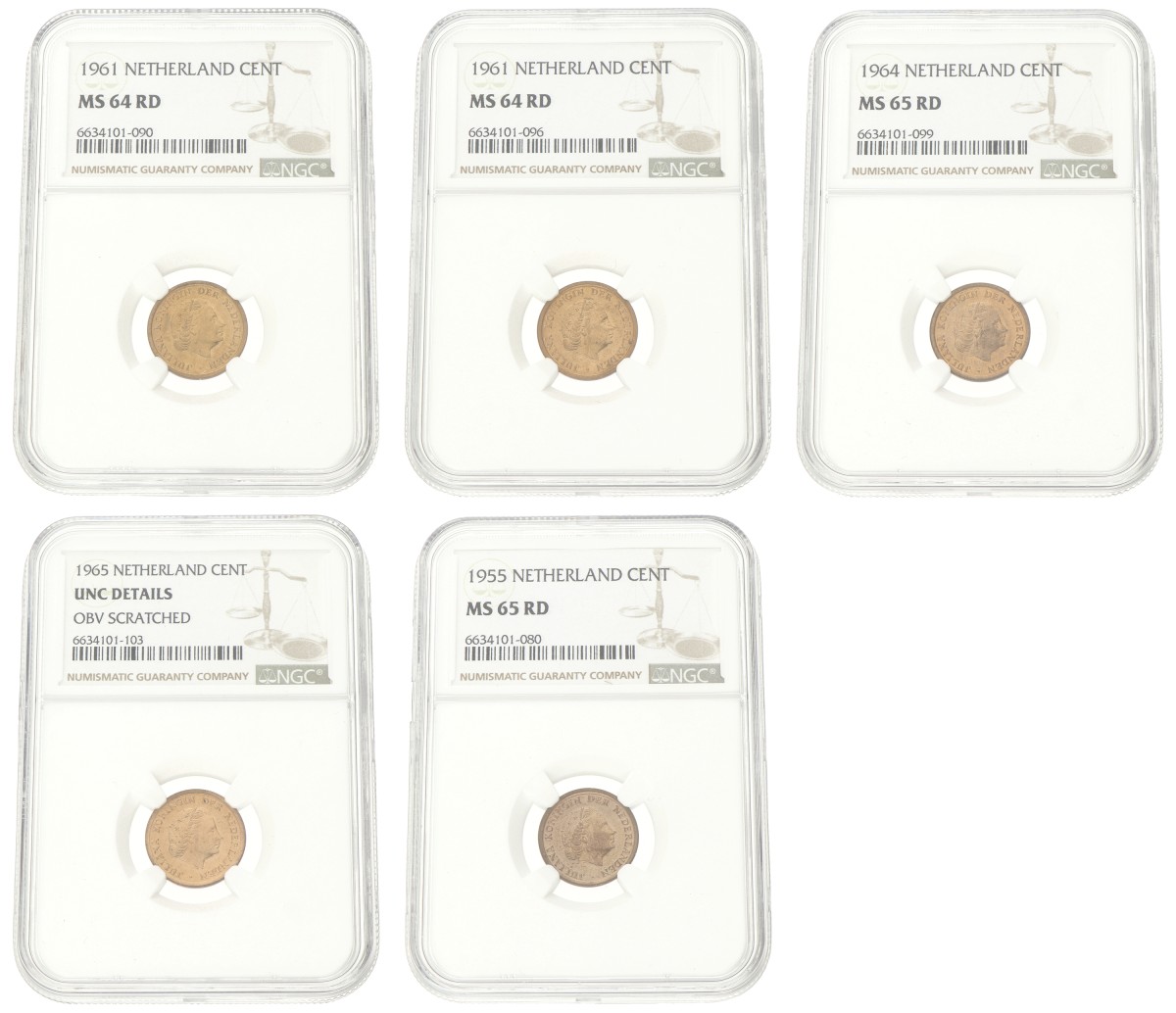 Lot (5) 1 Cent - High graded. Juliana. 1955, 61, 64 & 65 UNC details.