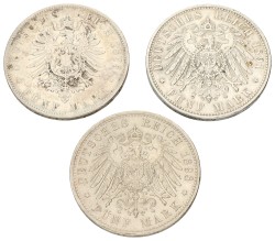 German states. Bavaria. Ludwich II & Otto. Lot (3) 5 Mark. 1875, 1891 & 1898. F - VF.