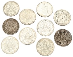 German states. Prussia. Wilhelm I & II. Lot (10) 3 Mark. 1871, 1908 - 1914. F - XF.