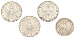 German states. Lübeck. Lot (4) 3 & 2 Mark. 1908, 1910 & 1911. F - VF.