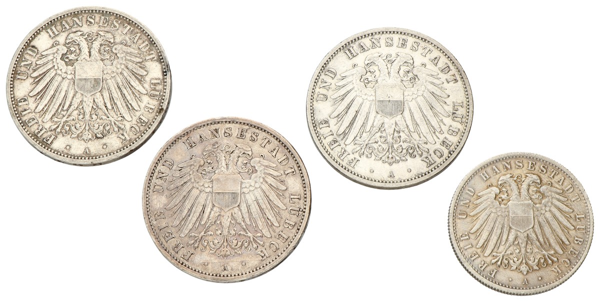 German states. Lübeck. Lot (4) 3 & 2 Mark. 1908, 1910 & 1911. F - VF.