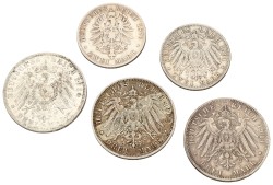 German states. Bavaria. Ludwig II, Otto, Luitpold & Ludwig III. Lot (5) 3 & 2 Mark. F - XF.