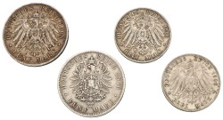 German states. Württemberg. Karl & Wilhelm II. Lot (4) 5 & 3 Mark. 1876, 1908 - 1910. F - XF.