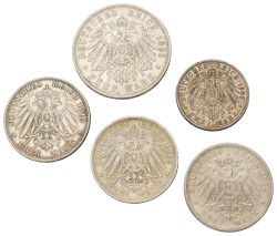 German states. Württemberg. Wilhelm II. Lot (5) 5 - 2 Mark. F - XF.