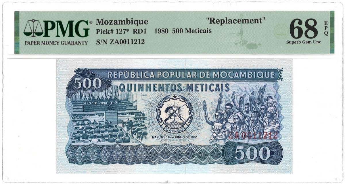 Mozambique. 500 Meticais. Banknote. Type 1980. Type Top pop Replacement. - PMG 68EPQ