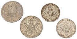 German states. Württemberg. Karl & Wilhelm II. Lot (4) 5 & 3 Mark. VF - XF.