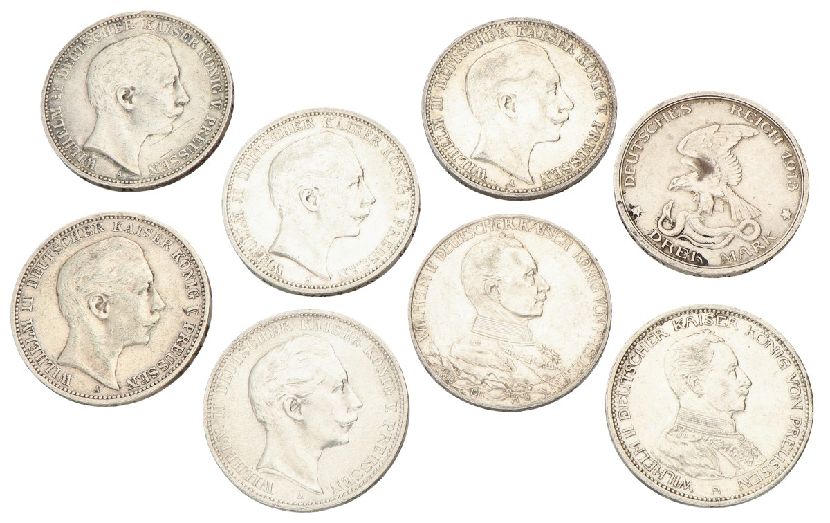 German states. Prussia. Wilhelm II. Lot (8) 3 Mark. 1908 - 1914. VF - AUnc.