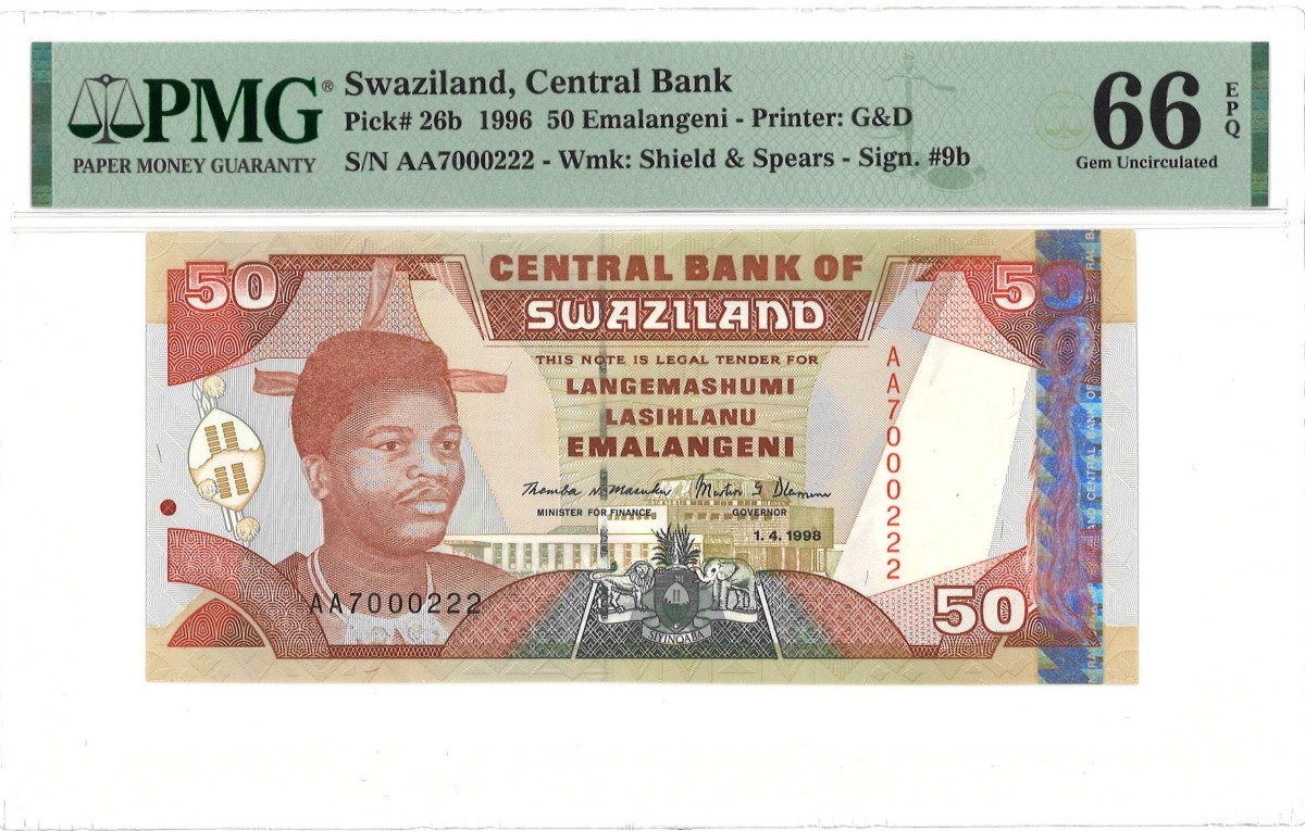 Swaziland. 20 Emalangeni. Banknote. Type 1996. Type Top pop. - PMG 66EPQ