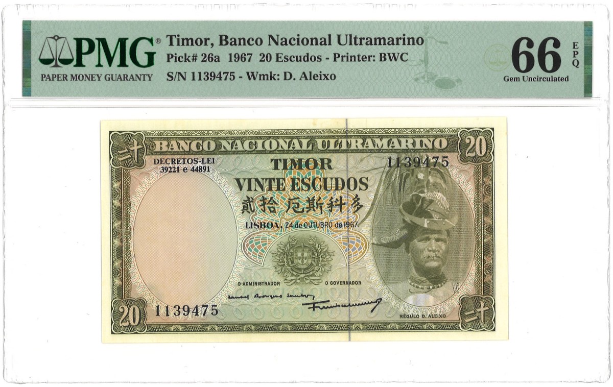 Timor. 20 Escudos. Banknote. Type 1967. - PMG 66EPQ