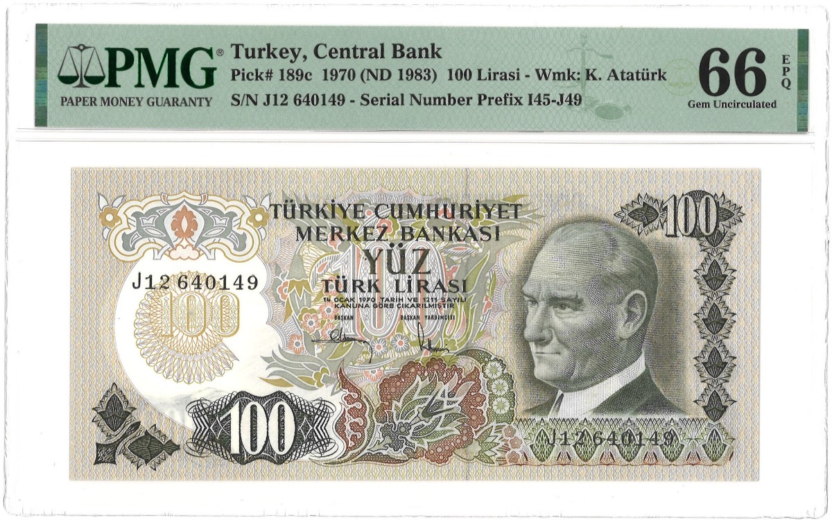 Turkey. 100 Lirasi. Banknote. Type 1970. - PMG 66EPQ