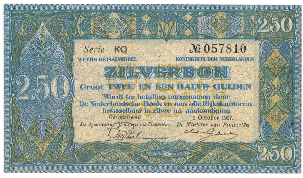 Nederland. 2,50 Gulden. ZIlverbon. Type 1927. - UNC.