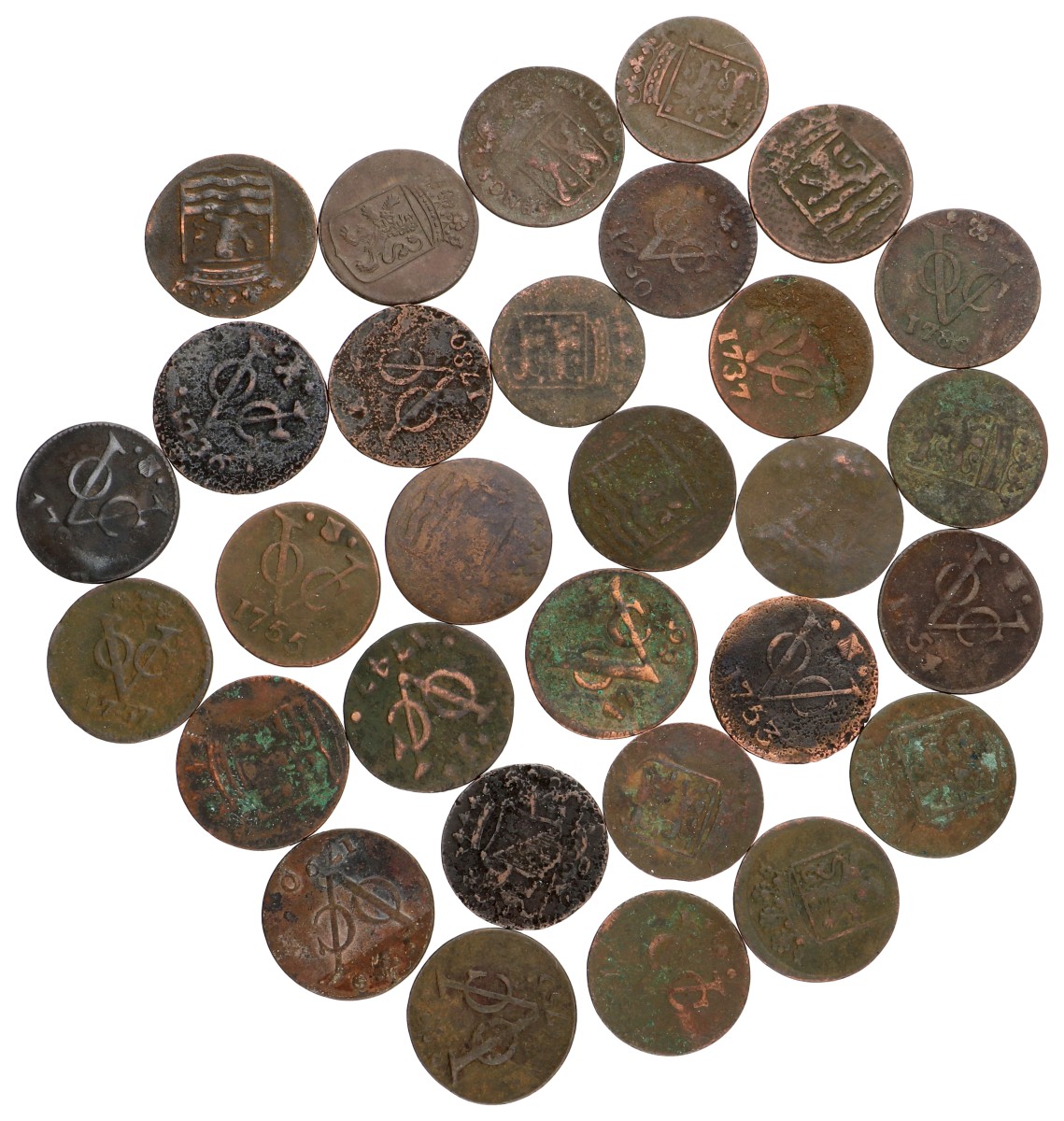 Lot (30) Koperen duiten. V.O.C. Average VF