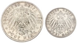 German States. Prussia. Wilhelm II. Lot (2) 5 & 2 mark - 100th anniversary of the kingdom of Prussia. 1901. XF.