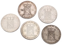 Lot (5) 2½ Gulden. Willem III. 1852, 1858, 1869 (2), 1872. Gemiddeld Zeer Fraai.