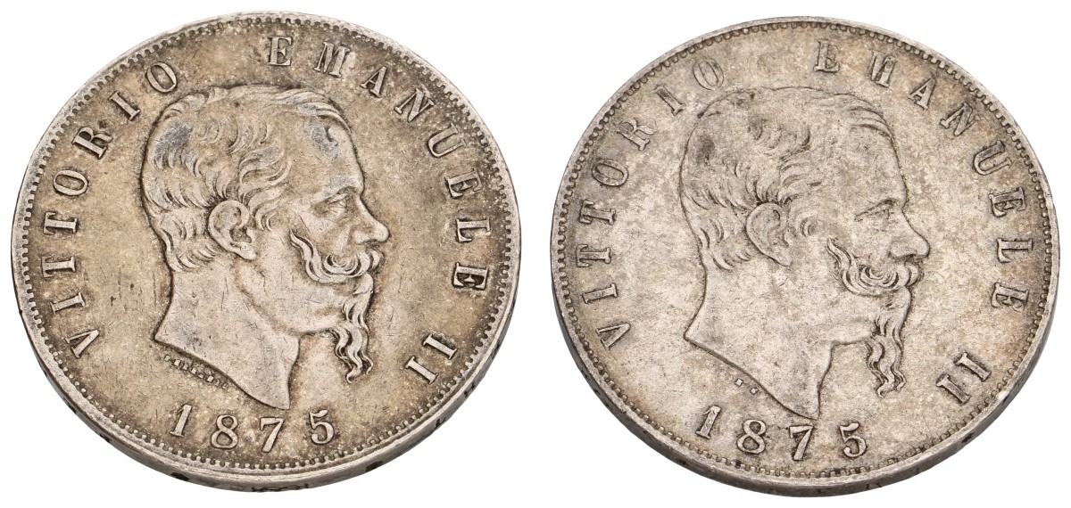 Italy. Victor Emmanuel II. Lot (2) 5 Lire. 1875. Very fine.