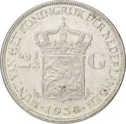 2½ Gulden. Wilhelmina. 1938b Grofhaar. Prachtig +.