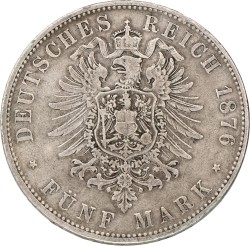 German states. Bavaria. Ludwig II. 5 Mark. 1876. VF.