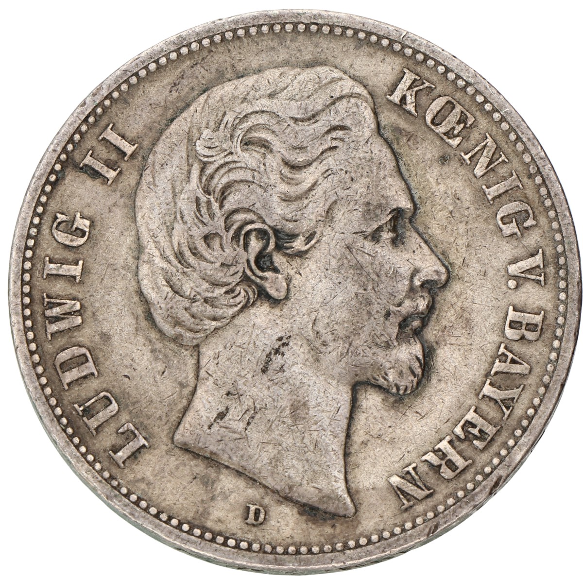 German states. Bavaria. Ludwig II. 5 Mark. 1876. VF.