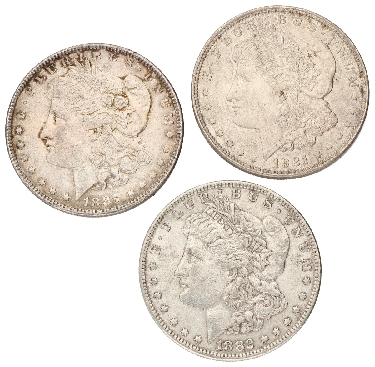 USA. Philadelphia. Lot (3) Morgan Dollar. 1882, 87, 1921. XF -.