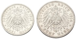 German states. Prussia. Wilhelm II. Lot (2) 3 Mark - 5 Mark. 1913 & 1914. XF.