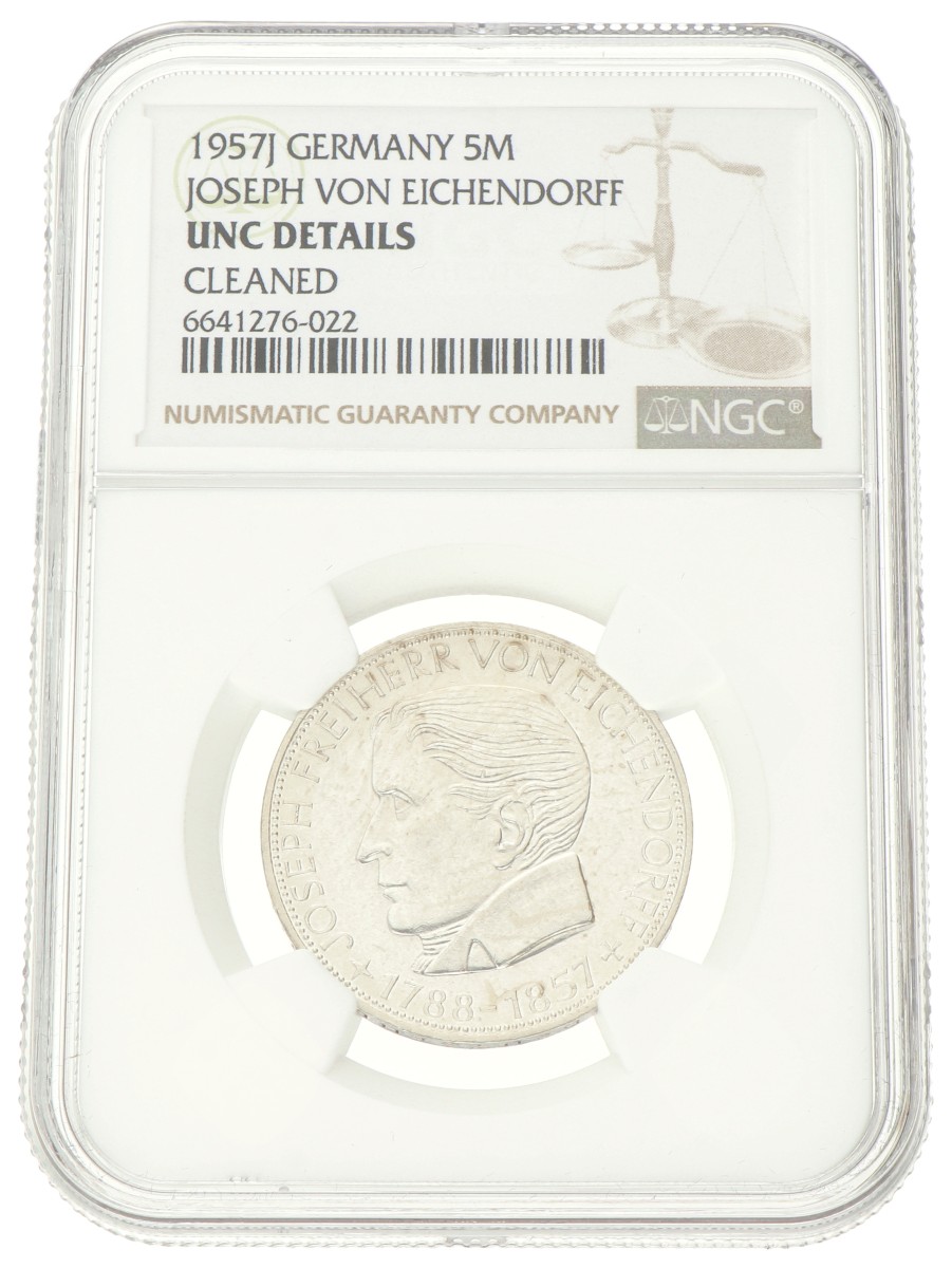 Germany. 5 Mark - Joseph von Eichendorff. 1957J. UNC Details.