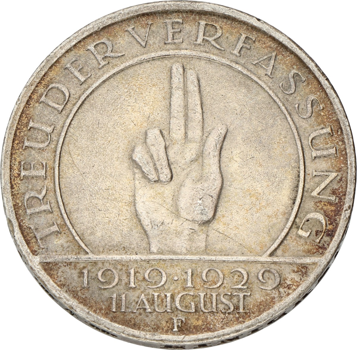 Germany. Weimar. 3 Mark - Weimar constitution. 1929 F. VF +.