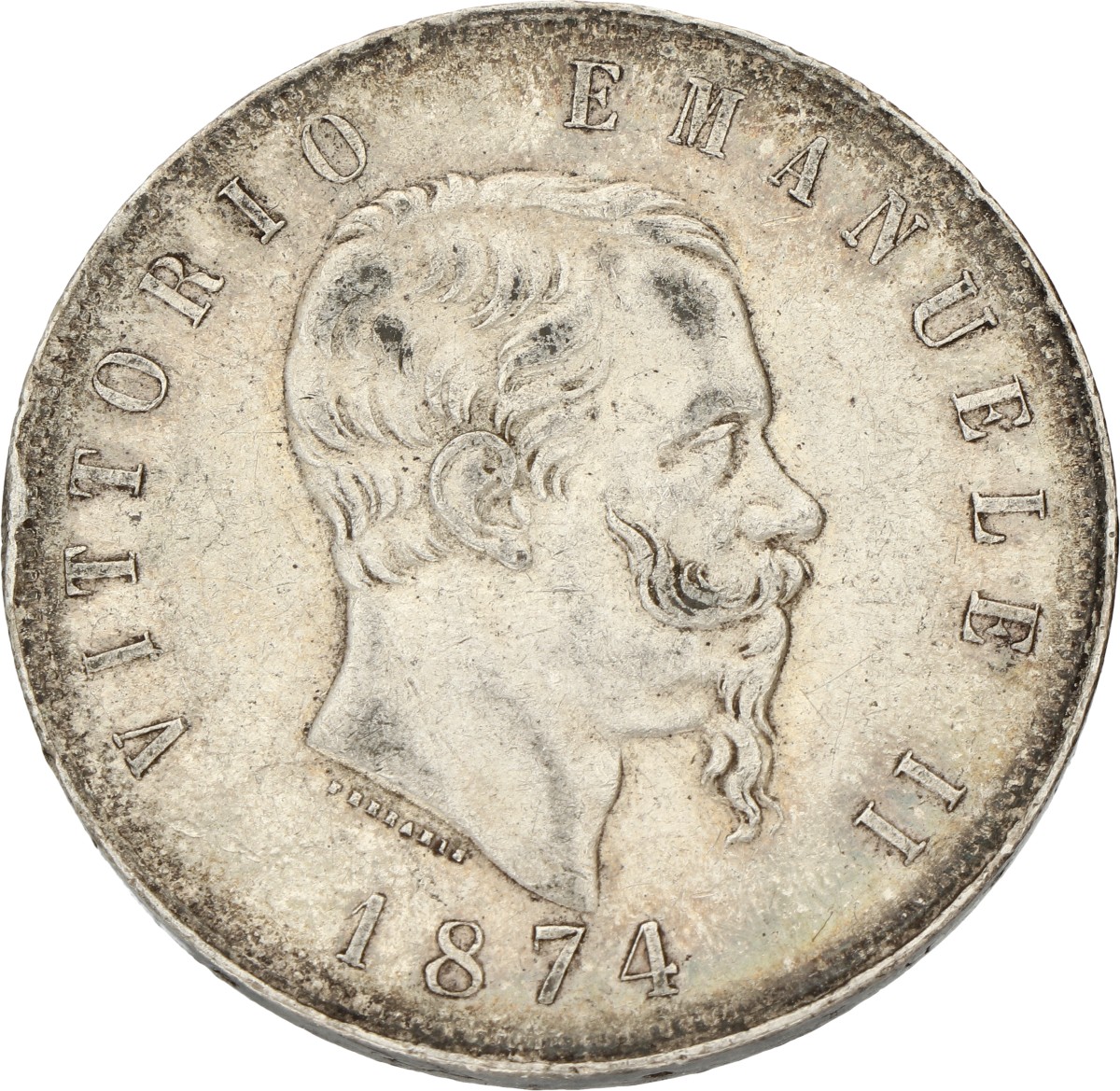 Italy. Kingdom. Vittoria Emanuelle. 5 Lire. 1874. VF +.