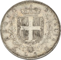 Italy. Kingdom. Vittoria Emanuelle. 5 Lire. 1874. VF +.