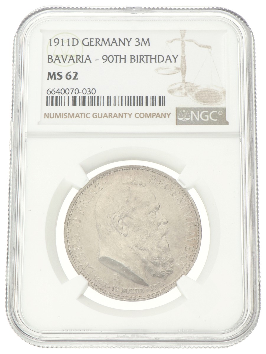 German states. Bavaria. Luitpold. 3 Mark - 90th Birthday. 1911D. MS 62