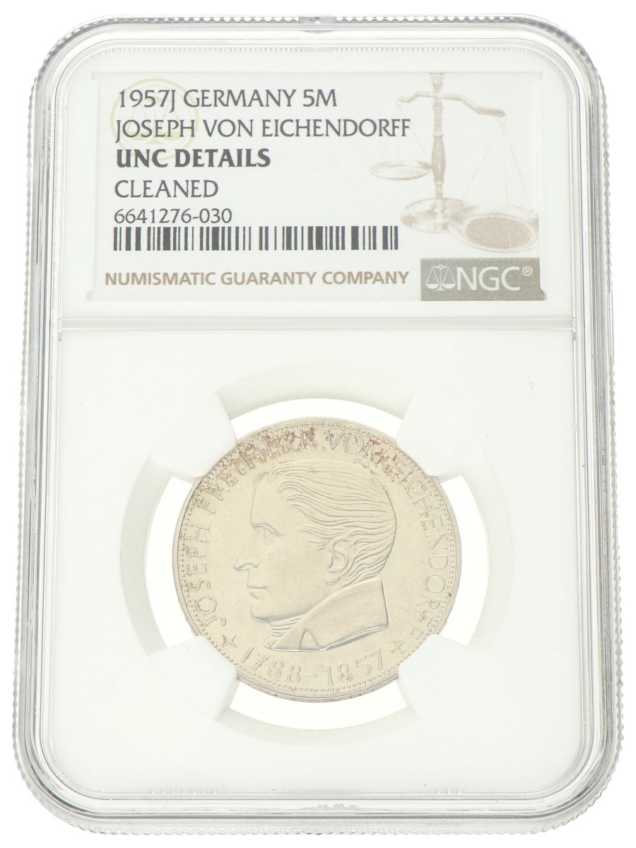 Germany. 5 Mark - Joseph von Eichendorff. 1957 J. UNC Details.